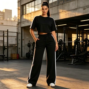 Custom Brand New Arrival Soft Knit Vertical Stripe Two Piece Sport Suit With Side Pockets For Shopping Travel Casual Street Wear
