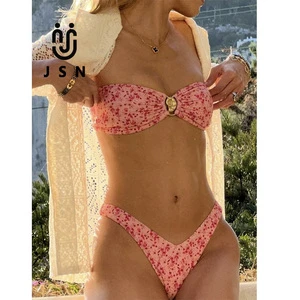 JSN Floral Thong Bikini 2025 Sexy Strapless Bandeau Swimwear Women Brazilian Swimsuit Thong Biquini Bandage Bathing Suit