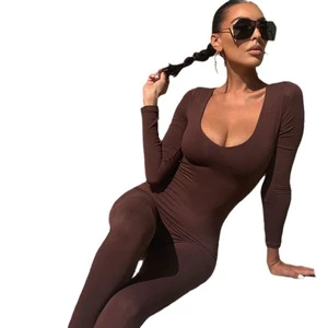 Women's Summer Sports Fitness Jumpsuit Low Neck High Waist Solid Color Skinny Women's Sexy Slim Fit Long Sleeve Jumpsuit