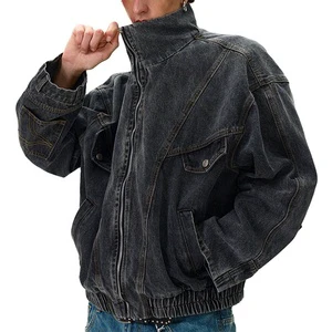 Custom Oversized Distressed Jean Street Wear Men Zipper Closure Black Vintage Wash Ripped Denim Jacket