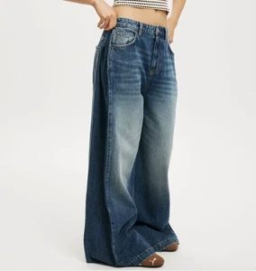High Quality Regular Fit Denim Jeans for Women Summer Street-Style Dark Washed Vintage Casual Pants Wide-Leg Zippers Waist Logo