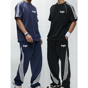 Custom Logo 240gsm Striped Short Sleeve & Long Pants Set | Color Block Streetwear Tracksuit | Men Hip Hop Casual 2 Piece Outfit