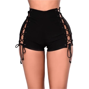 Mid Waist Women's Hot Solid Color Hollow Lace-up Elastic Waist Skinny Fit Breathable Casual Streetwear Shorts Plus Size Worsted