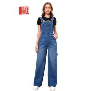 Jumpsuit Woman Sleeves Denim Split Overalls Bib Pockets Adjustable Suspenders Cuffed up Bottom