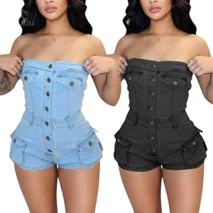 Women Summer Jeans Jumpsuit Off Shoulder Casual Elastic Denim Rompers Shorts Women