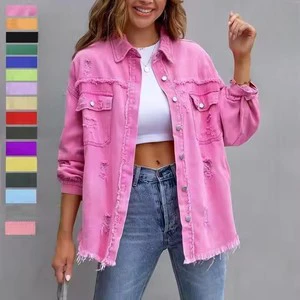 Women's Casual Denim Jacket with Solid Color Long Sleeved Perforated Loose Shirt Design