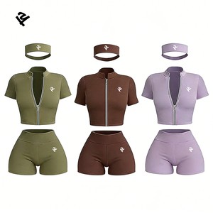 Women Cropped Zip Up Short Sleeve Yoga Jacket High Waist Booty Shorts Set Gym Workout Fitness Two Piece Activewear Sportswear