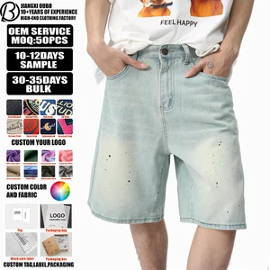 Men's Streetwear Mid Waist Knitted Light Blue Washed Denim Shorts Summer Anti-Wrinkle Breathable with Ink Splash Design