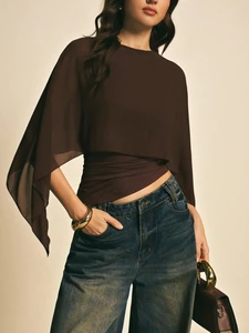 Women Autumn Streetwear Cape Sleeve Slim Crew Neck Solid Thin Short Chiffon Blouse Elegant Irregular Hem Tops