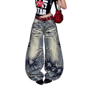 Custom Vintage Plus Size Denim Women's Jean Casual Design Wide Leg Jeans Women's Pants Flower Print Baggy Jeans Women