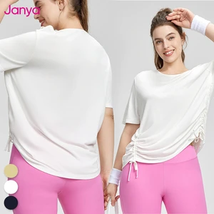 Janya Custom Logo Women's Plus Size Yoga Top Adjustable Drawstring Loose Fit Breathable Summer Gym Running Athletic Tee Yoga Top