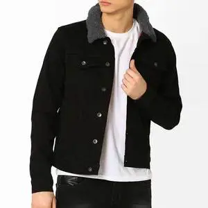 Outdoor Comfortable Custom Made Men's Jeans Denim Jacket High Quality Fitted Ripped with Faux Fur Lining Stand Collar Vintage