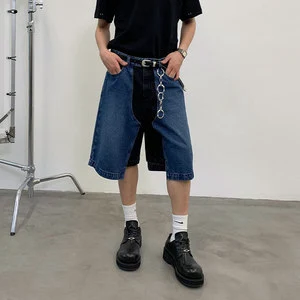 Trendy Retro Indigo Patchwork Loose Mid-waist Men's Denim Shorts OEM