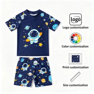 Cartoon Astronaut Planet Print Boys Rash Guard Quick Stretch UV Protection Children Beach Swimsuit