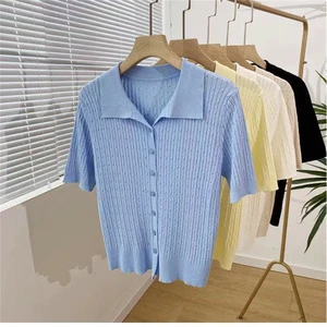 En Stock Suéter De Punto Mujer Manga Corta Twist Casual Summer Polo Neck Short Sleeves Women's Knitted Cardigan Custom Label