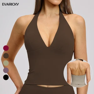 EVARICKY Wholesale New Soft Women Workout Yoga Vest Custom Logo Backless Slim Fitness Deep V Neck Halter Tank Top For Women
