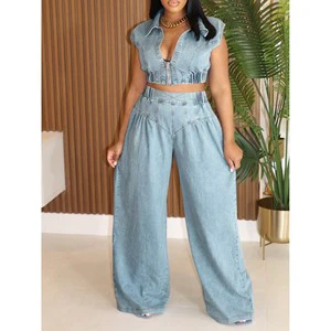 FS17269D Summer Denim Two Pieces Set Women Wide Leg Loose Jeans Suits