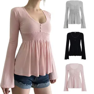 Youth Student Spring Long Sleeve Button T-Shirt Solid Color Lace Trim V-Neck Loose Fit Plus Size Casual Anti-UV Eco-Friendly