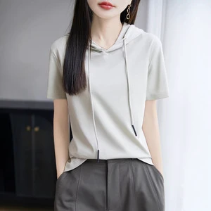 Spring Summer New 100% Cotton Casual Hooded Short-sleeved Women's Thin Loose Slm T-shirt