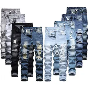 Hot Selling Plus Size Men's Ripped Jeans Blue Elastic Denim Pants Elastic Waist Loose Fit Junior Fashion For Dark Wash