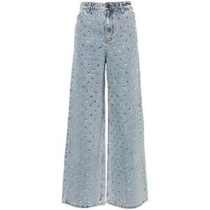 Women High Waisted Straight Jeans Loose Fit Vintage Wash Denim Pants Full Rhinestone Bling Sexy Streetwear Casual Trousers