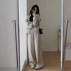 Early Autumn Aolid Color Plus Size Women's High-End Hooded Sweatshirt Wide-Leg Pants Sports Casual Two-Piece Suit
