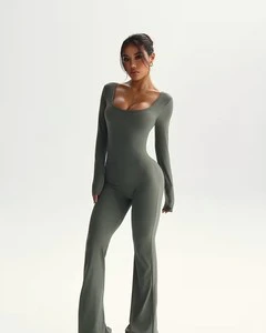 Full-Body Long Sleeve Casual Athletic Jumpsuit Women | Flare-Leg Training Bodysuit | Lightweight High-Stretch Breathable Quick