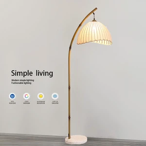 Chinese Unique Luxury Home Decor Lamp Bohemian Hanging Arc Marble Base Floor Lamp Bamboo Pole Cloth Lampshade Hotel Floor Light