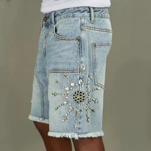 Custom Men's Street Denim Shorts Vintage Zipper 100% Cotton Light Blue Denim Raw Edge Hem Crystal-embellished Denim Shorts