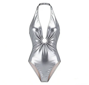 Hot Sale Nylon V-neck Halter Sliver Simple Style Vacation Swimwear Bathing Swimsuit Belly Cover Bikini Set in Summer