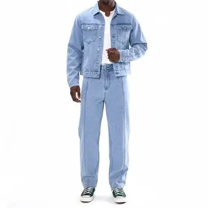 Men's Windproof Denim Jacket Pant with Stand Collar Pocket Multi-Color Casual Winter Plus Size Logo Embroidered Demin with Pants