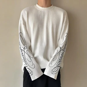 Custom 200 Gsm Oversized Long Sleeve Top Men Waffle Knit Washed Anti-Wrinkle Streetwear Pattern Casual T-Shirt