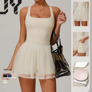 2025 Hot Sale Tennis Dress Pockets Inside Chest Pad Removed Skirt Gym Wear Fitness Jumpsuit Sport Bodysuit Women Yoga Dress