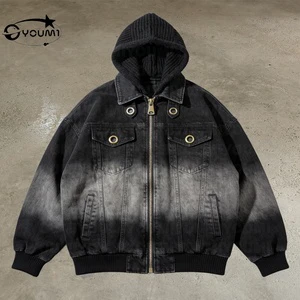 YOUMI Custom OEM Service 2 Piece High Quality Heavyweight Vintage Autumn Sun Faded Front Pockets Zipper Men's Denim Jackets
