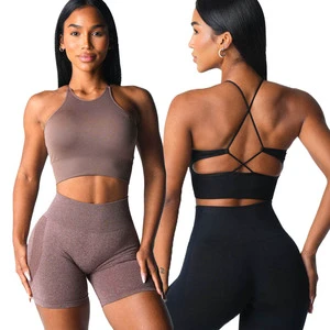 Women Cross Back Drawstring Yoga Sports Bra Lady Chest Pad Gather Gym Vest Female Nylon Crop Sleeveless Running Top