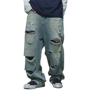 Custom Denim Jeans Men's Straight Vintage Long Pants Jeans Distressed OEM Men Sport Wear Baggy Denim Pants
