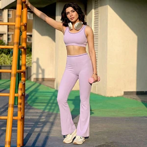 Women's 2 Piece Ribbed Yoga Set, High Waist Flared Leggings + Sports Bra, Color Block Workout Tracksuit for Pilates Fitness