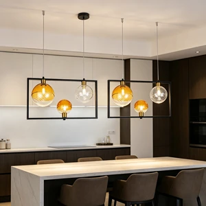 JACKSUN Hanging Pendant Lamp Glass Iron Chandelier G9 Uniquely Shaped Glass Bulbs Square AC Dining/Living Rooms Lighting