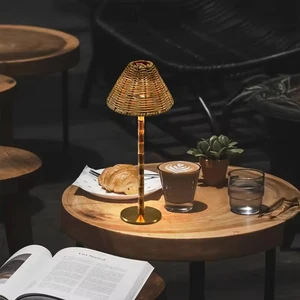 Bamboo Modern Table Lamp Wicker Shade Replaceable Light Touch Wireless USB Rechargeable Battery LED