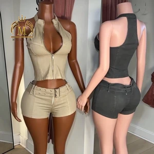 New Trendy Women Denim Jacket Outfits Stretch Cotton Denim Crop Jacket and Shorts 2 Piece Set Matching Two Piece Jeans Set Women
