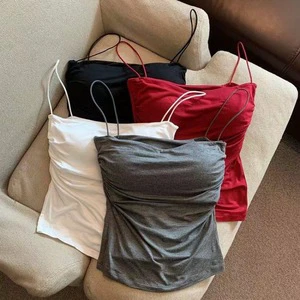 Minimalist Solid Color With Chest Cushion Lady Wrinkled Camisole Skin Friendly Breathable Women's Vest for Summer