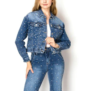 Custom Denim Woman Jacket, Hooded Jacket with All-Over Floral Embroidery Breathable Solid Pattern for Autumn Season