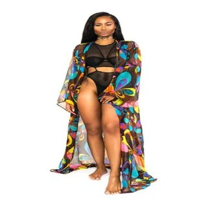 Printed Beach Cover-Up Elevated Finish Women's Resort Wear Bell Sleeves Contemporary Floral Prints 100% Cotton Natural