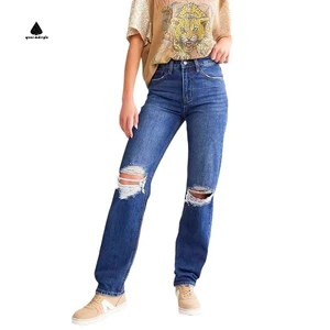 OEKO-TEX ISO3758 REACH Denim Pants Manufacturer Custom Femme Light Blue Women's Ripped Jeans Straight Leg Streetwear Jeans