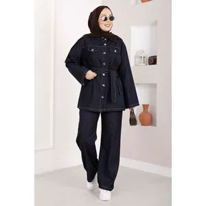 Navy Blue Women's Denim Set with Belt Detail Including Long Sleeve Jacket and Trousers Washable