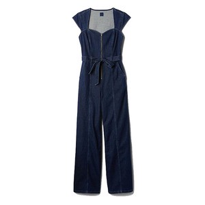 Top Fashion Wear Clothing Short Sleeve Women's Denim Overalls 100% Cotton Made Quarter Zipper Square Neck Denim Jumpsuits Women