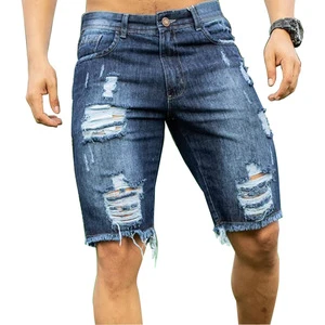Summer Men's Blue Color Denim Shorts Loose Jeans Shorts Casual Trendy Hole Patched Denim Shorts for Male
