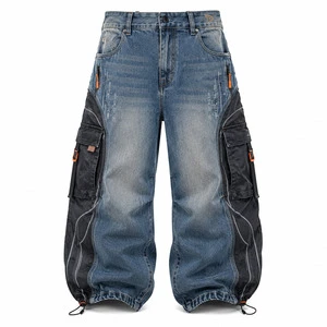 Cargo Denim Pants Men High Waist Stonewashed Loose Fit Utility Style Cotton Autumn Jeans
