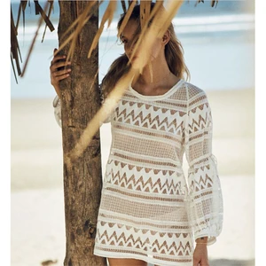 New European and American Style Beach Cover-up Hollow Mesh Long-sleeve Sun protection Shirt, Hawaiian Vacation Bikini Cover-up
