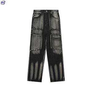 Fashion Designer Men's Denim Jeans High Street Sand Snow Scratch Vintage Washed Pant Elastic Waist Plus Size Patchwork Design